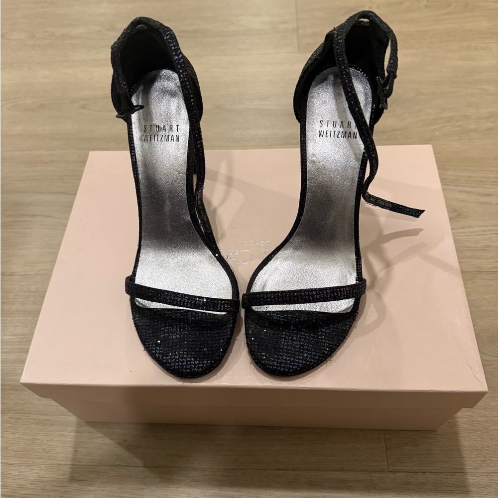 Stuart Weitzman Black Sparkle Ankle-Strap Heels